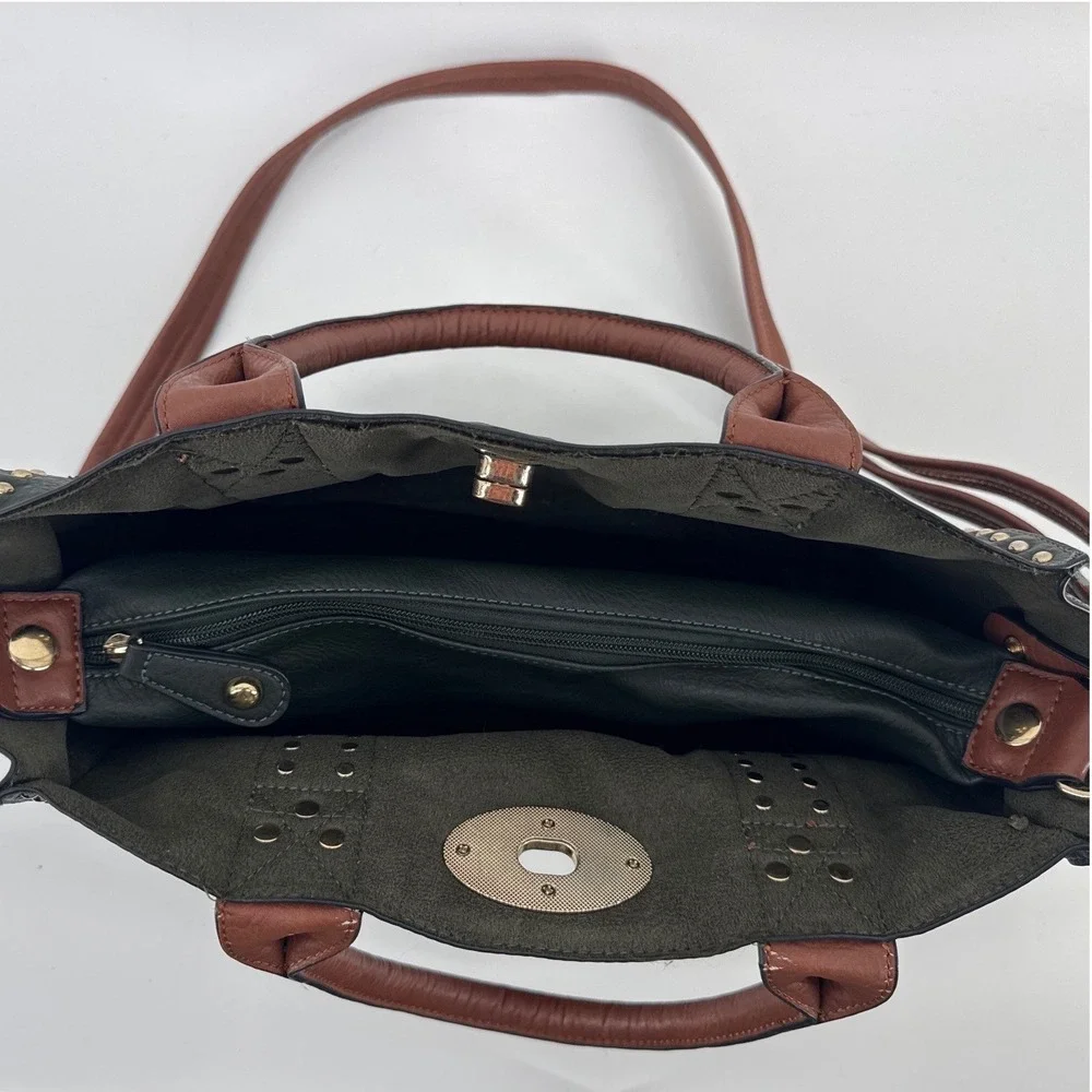 Black Rivet Women Satchel Handbag Black Brown Studded Crossbody Gold Hardware
